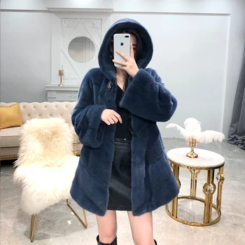 

2019 winter new whole leather mink fur grass women's long hooded stripes fashion warm water mink fur coat