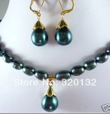 

Beautiful Genuine black Pearl Necklace Earring Set Silver gold plated Jewellery sets Fast shipping