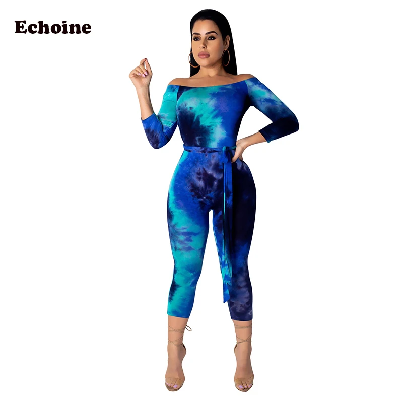 

2019 Casual Playsuit For Women Off Shoulder Jumpsuit Long Sleeve With Belt Calf-Length Pants Print Floral Slinky Casual Bodysuit