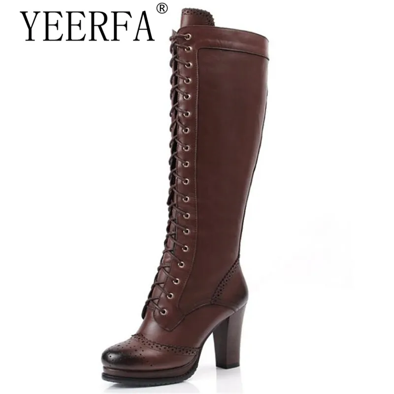 

YEERFA 2017 New winter lace up pu+ genuine leather boots shoes high heels women's knee high boots sheepskin motorcycle boots