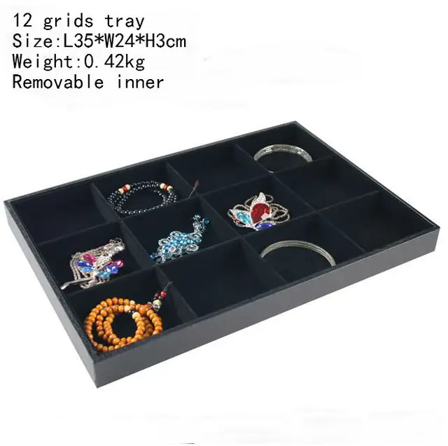 Hot Selling PU Frame Velvet Jewelry Organizer Jewellery Display Ring Box Necklace Earring Holder Various Models for Option 12 grids tray