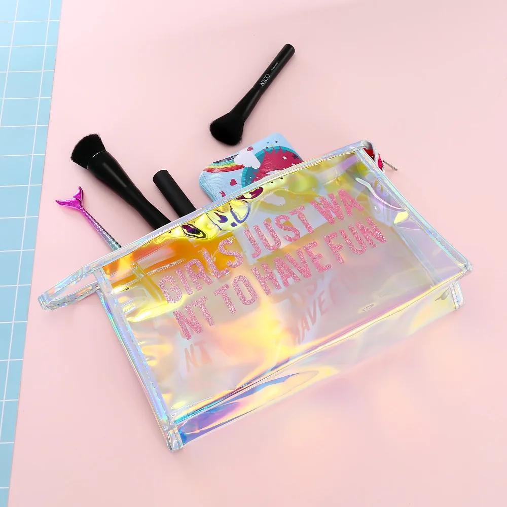 

PVC Laser Cosmetic Bag Waterproof Women's Travel Bags Transparent Sequin Women Wash Pack bag Holographic Makeup Case Accessories