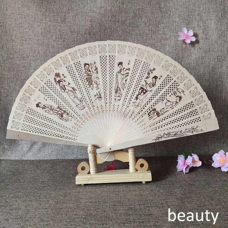 1Pcs Chinese wood carving printing Vintage antique craft fan Incense wood lady folding fan