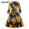 Tonval Yellow Sunflower A Line Vintage Cotton Dress Spring Autumn 3/4 Length Sleeve Women Elegant 1950s Floral Dresses ► Photo 2/6