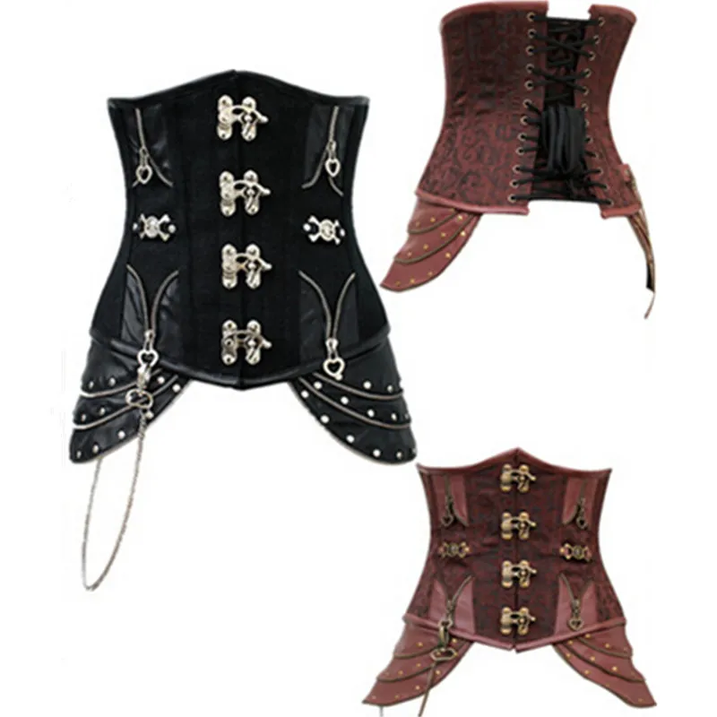 Fancy Plus Size Corset Gothic Brocade Brown Leather Steampunk Underbust Steel Boned Waist trainer Corsets | Женская одежда