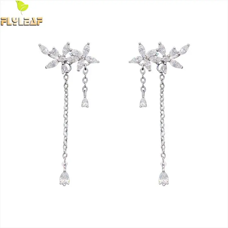 

Flyleaf Zircon Flower Long Dangle Earrings For Women 2018 New Trend 100% 925 Sterling Silver Lady Fashion Jewellery