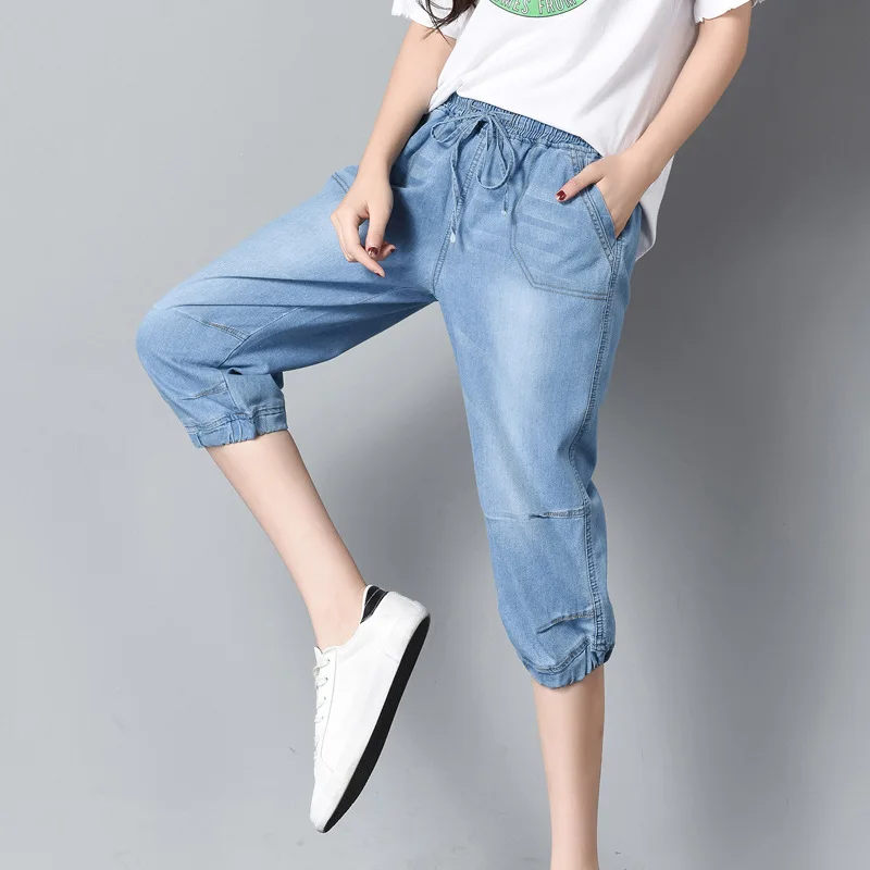 Large Size Ladies Summer Jeans Breeches for Women Capri Pants High Waist Elastic Lace Up Loose Boyfriends Jeans Light Blue Large Size Ladies Summer Jeans Breeches for Women Capri Pants High Waist Elastic Lace Up Loose Boyfriends Jeans Light Blue