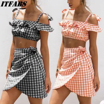 

Women Holiday Off Shoulder Bodycon Front Split Ladies Party Beach Midi Set
