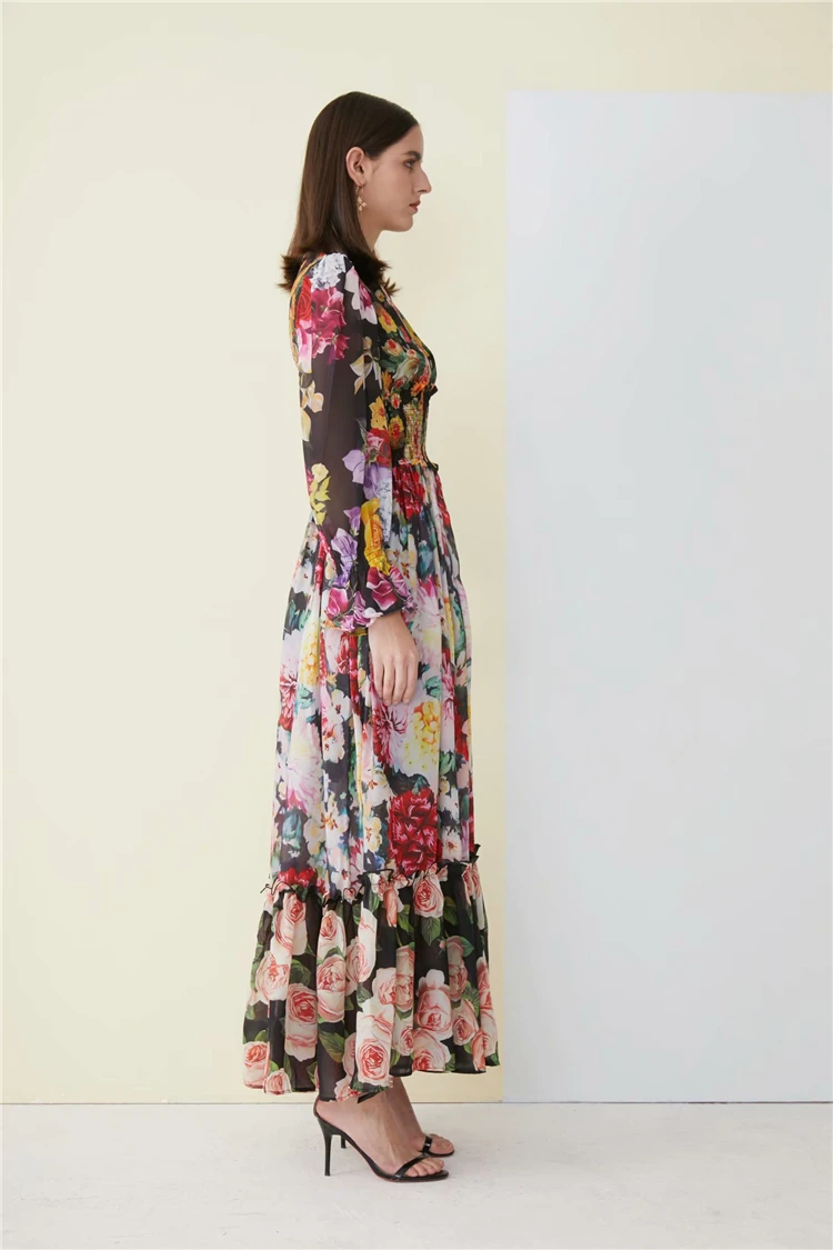 Truevoker, дизайнерское макси платье, высокое качество, длинный рукав, необычные, с цветочным принтом, длинное шелковое платье, изысканные вечерние платья