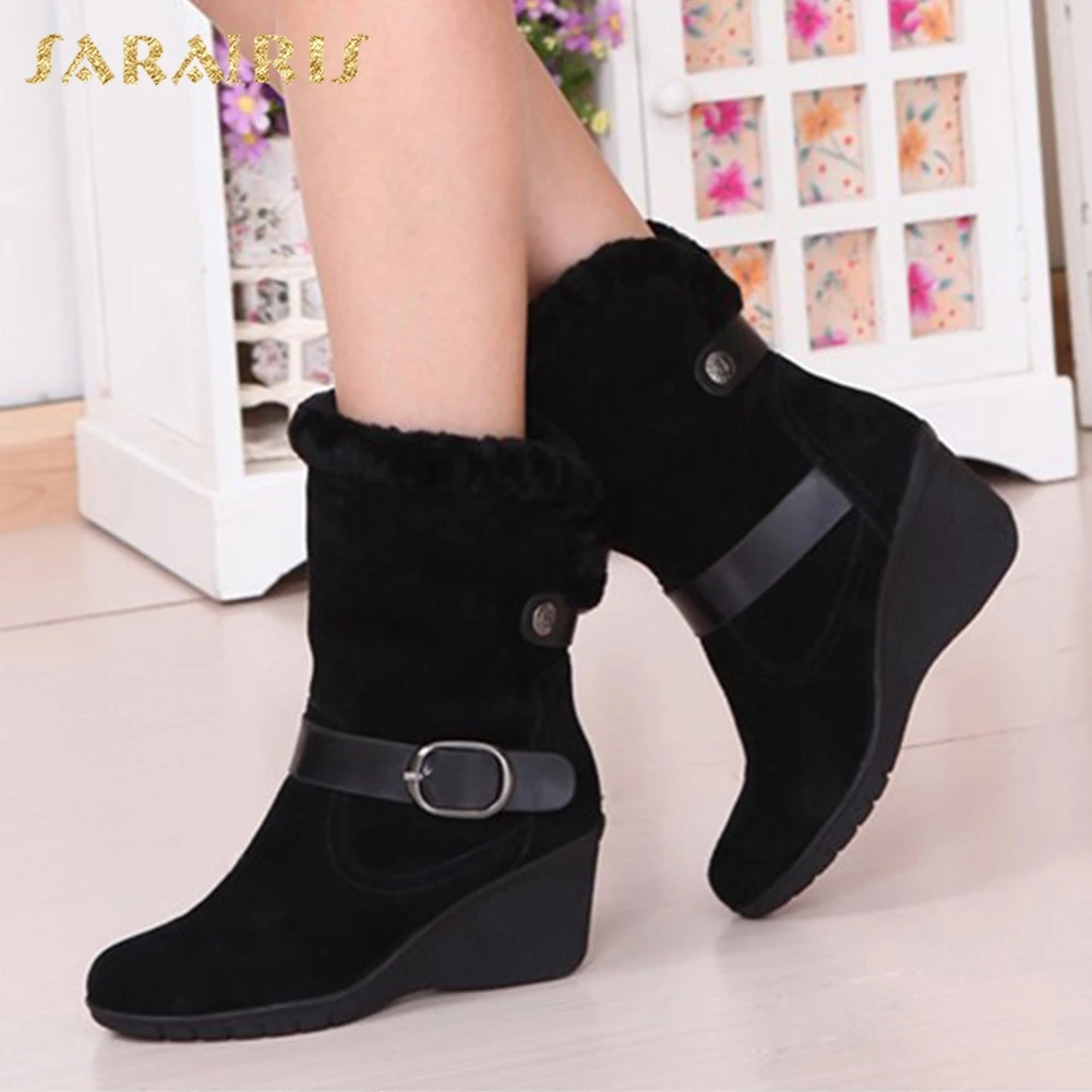 

SARAIRIS Wholesale Brand plus size 33-43 snow boots comfort wedge high heels mid-calf boots woman fashion warm fur women's shoes