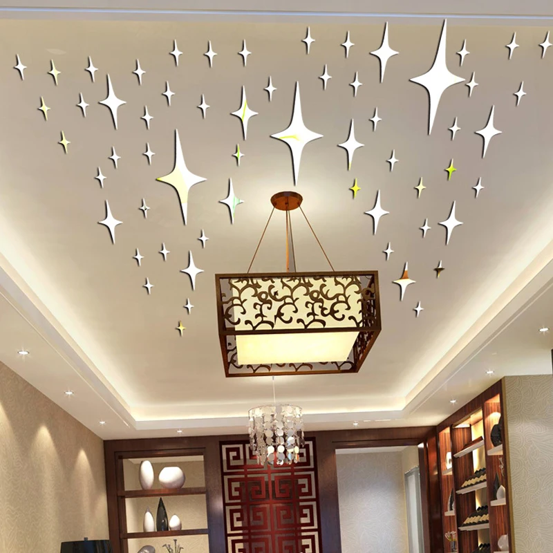 50 Pieces / Pack Star Shape 3D Acrylic Wall Stickers Living Room Bed Room Ceiling Mirror Wall
