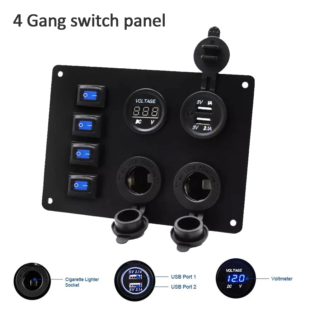 

4 Gang ON-OFF-ON Rocker Switch Control Panel 2 USB Charger for Car Marine Boat 2V yacht modified car waterproof boat LED blue