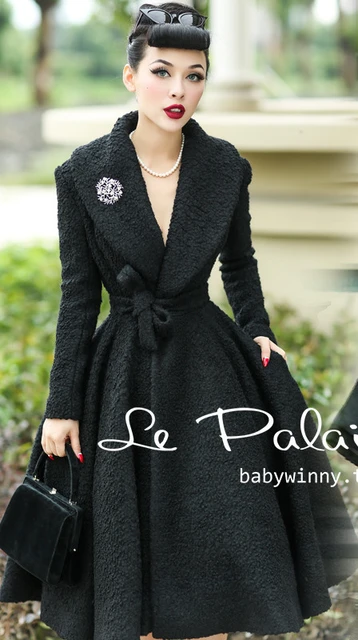 30-women vintage 50s Audrey Hepburn wool long swing rockabilly coat in  black women plus size coats abrigos mujer blusa de frio