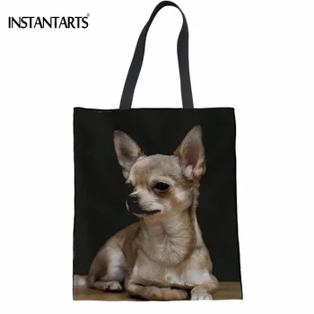 

INSTANTARTS Kawaii 3D Puppies Chihuahua Print Women Shopping Linen Tote Bags Fashion Female Large Capacity Eco Bag Recyling Bags