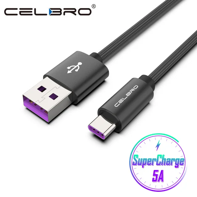 

5A Super Charge USB Type-C Charging Cable for Huawei Honor V10 10 9 Nova 4 3 SCP SuperCharge USBC Fast Data Chargeur Cabel Nylon