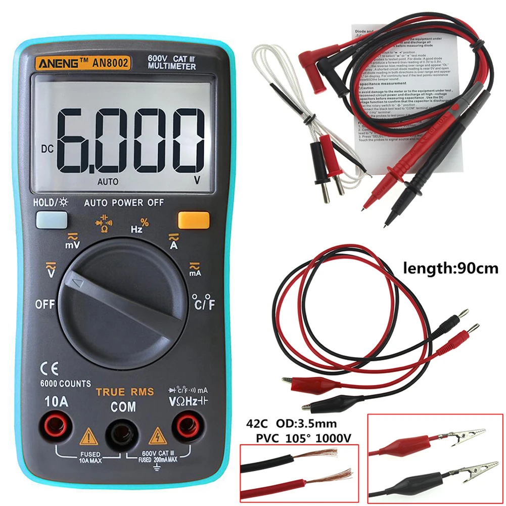 

ANENG AN8002 Digital Multimeter 6000 counts Backlight AC/DC Ammeter Voltmeter Ohm Portable Meter With 90 cm cord lead