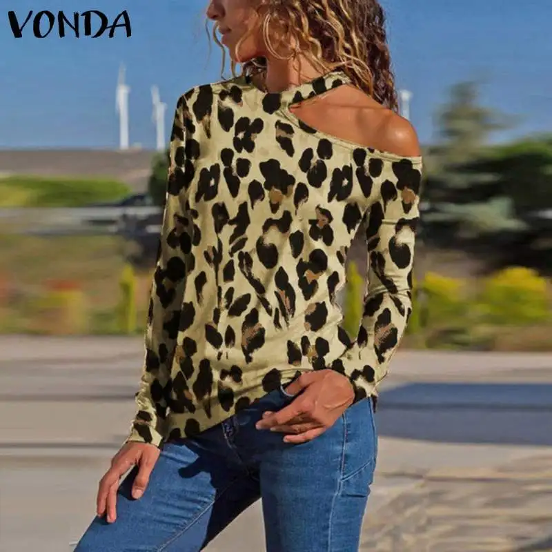 

VONDA 2019 Leopard Print Oblique Collar Loose Workwear Ladies Tops Women Clothing 2019 Spring Long Sleeve Sexy Female Shirts 5XL