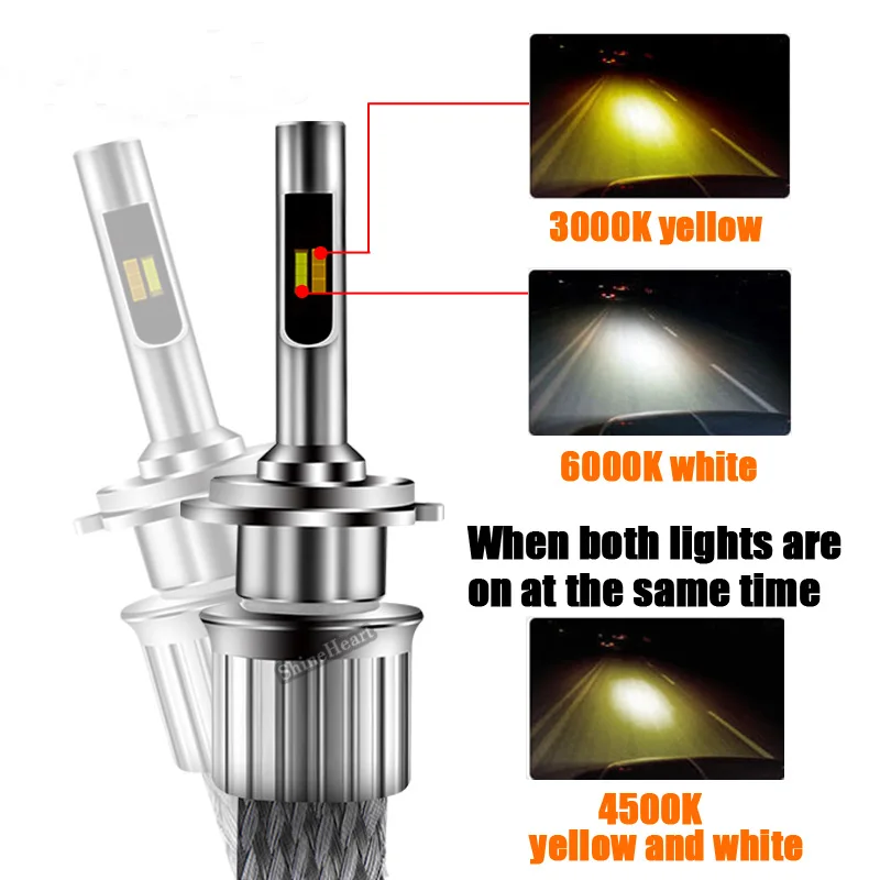 

2Pcs led h4 h7 bulb Tricolor/dual color auto headlights light h1 h3 h8 h9 h10 h11 hb3 hb4 9005 9006 880 881 d1s d2s 12V 24V led
