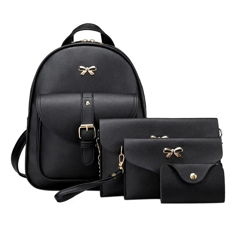4 шт., женский рюкзак из искусственной кожи с бантом, сумка на плечо, сумка-клатч, простая сумка на плечо, рюкзак для отдыха и путешествий - Цвет: Черный