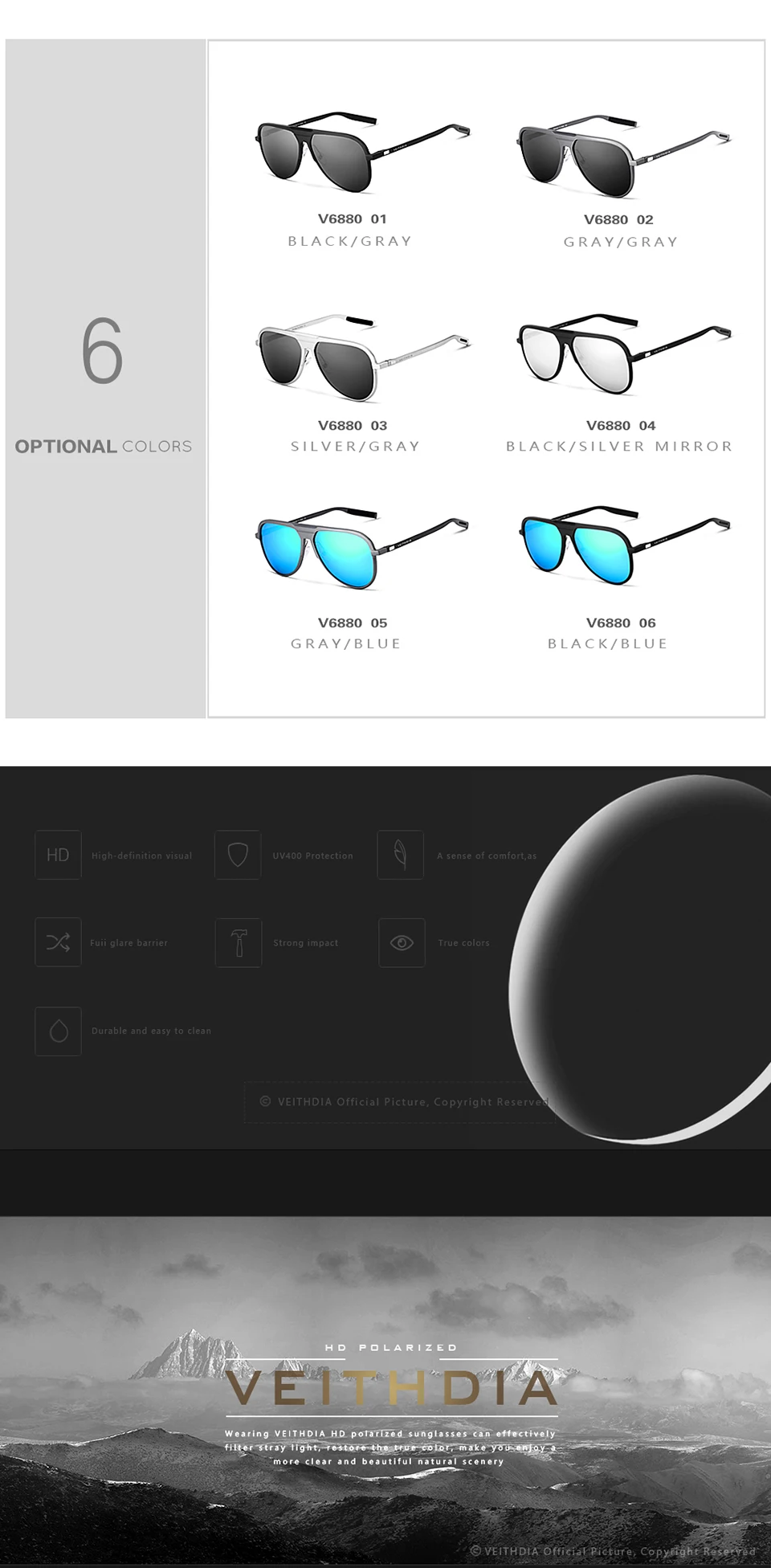 Новинка, бренд VEITHDIA, мужские солнцезащитные очки с алюминиево-магниевым покрытием, поляризованные очки, аксессуары, мужские солнцезащитные очки для мужчин/женщин, gafas VT6880