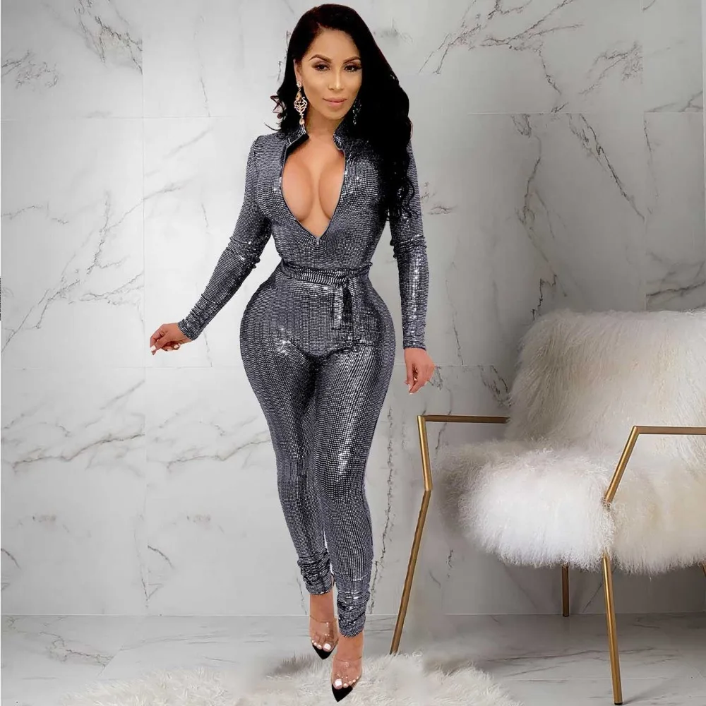 Женский Блестящий Glam Sequin комбинезон с длинным рукавом и v-образным вырезом для вечерние