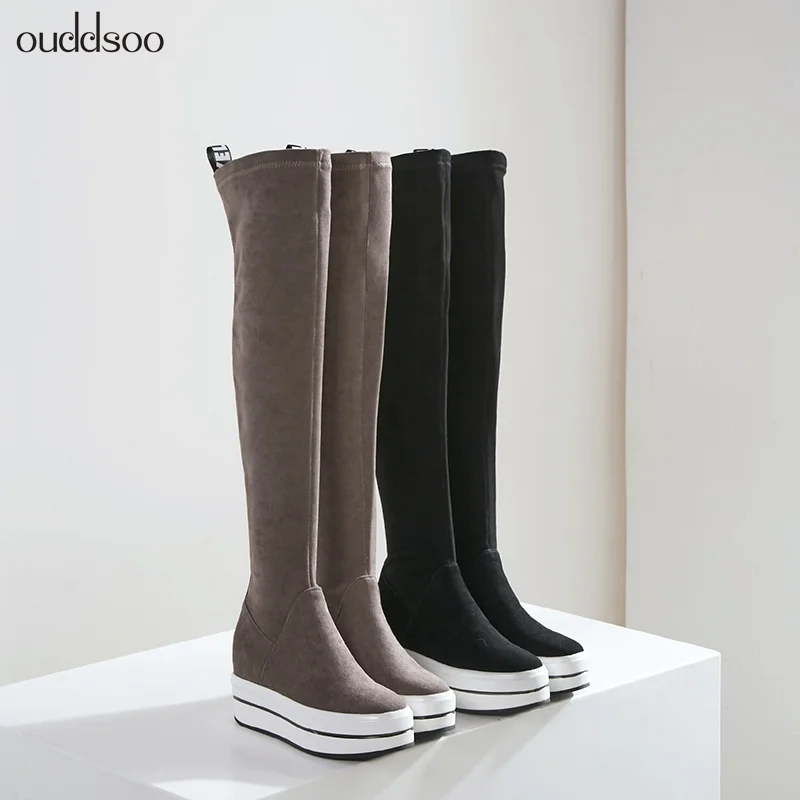 

Genuine Leather Suede Thigh High Boots Stretch For Women Over The Knee Boots Ladies Platform Height Increasing Sexy Legging 8cm