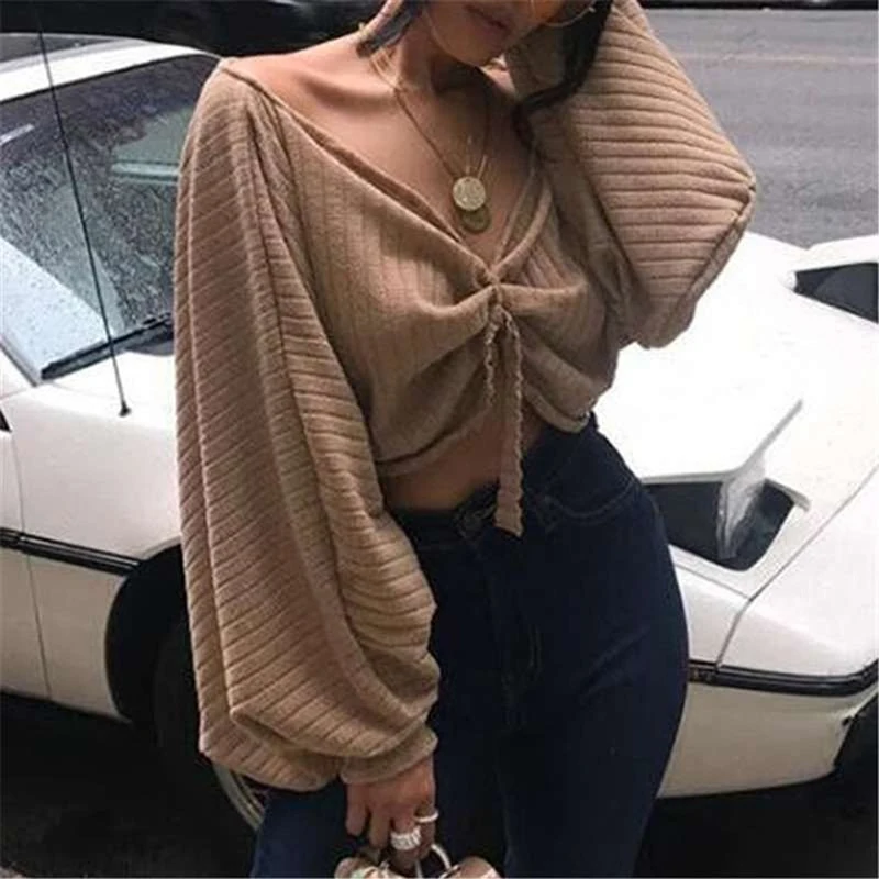 

Sexy Womens Off the Shoulder Tops Fashion V Neck Long Lantern Sleeve Knitted T-shirt Casual Crop Tops Ladies Oversize Tee Top