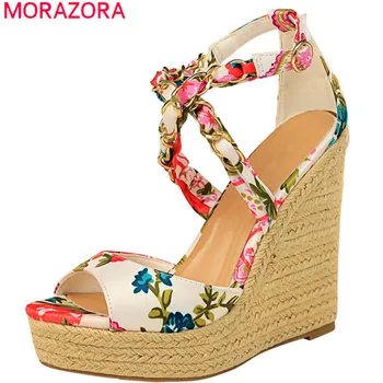 

MORAZORA 2020 newest women sandals print fashion wedges platform sandals chain summer Bohemian style party wedding shoes woman
