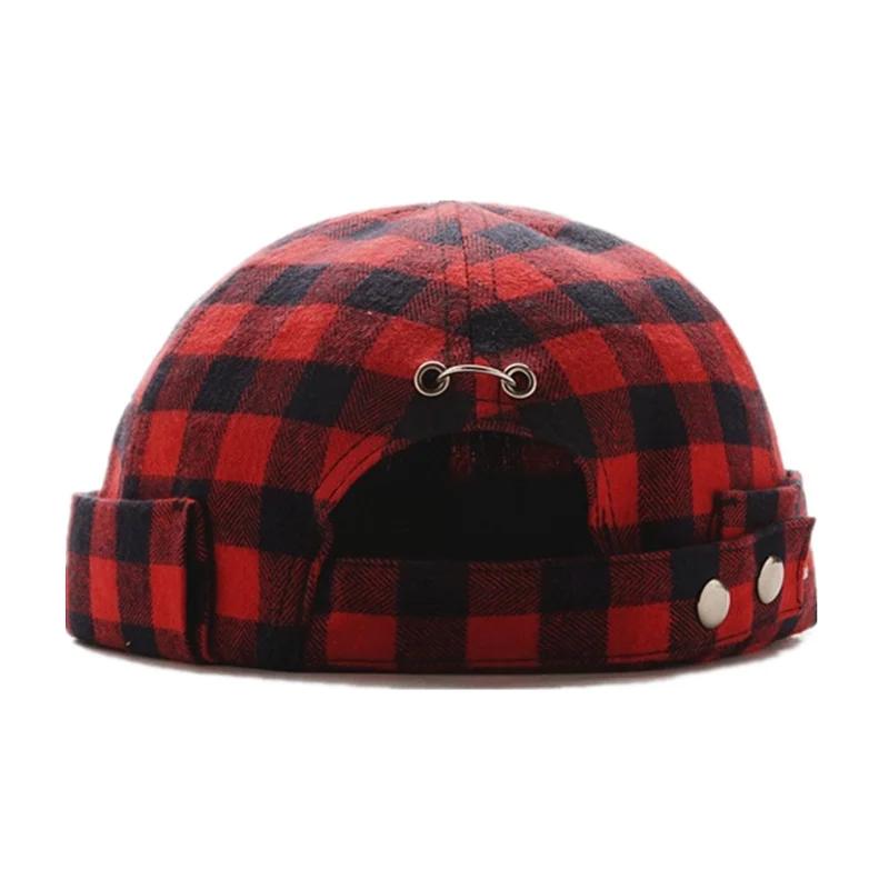 

Spring and Autumn Yuppie Plaid Cotton Skullcap with Iron ring Grid Cap for Women Men Hip Hop Hat without Visor Lattice Beanies