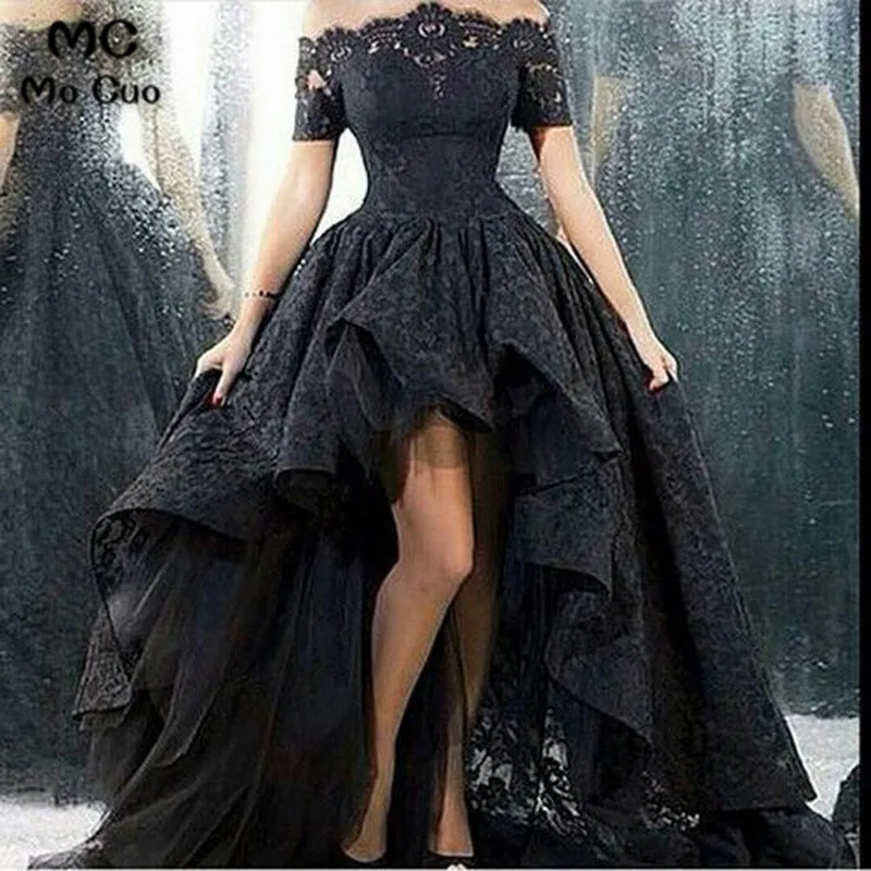 Increíble Hi lo Vestidos Vestido Largo del Cuello del Barco Off hombro de Encaje Homecoming Cóctel Prom Vestidos de Dama de Honer + Real 100%3