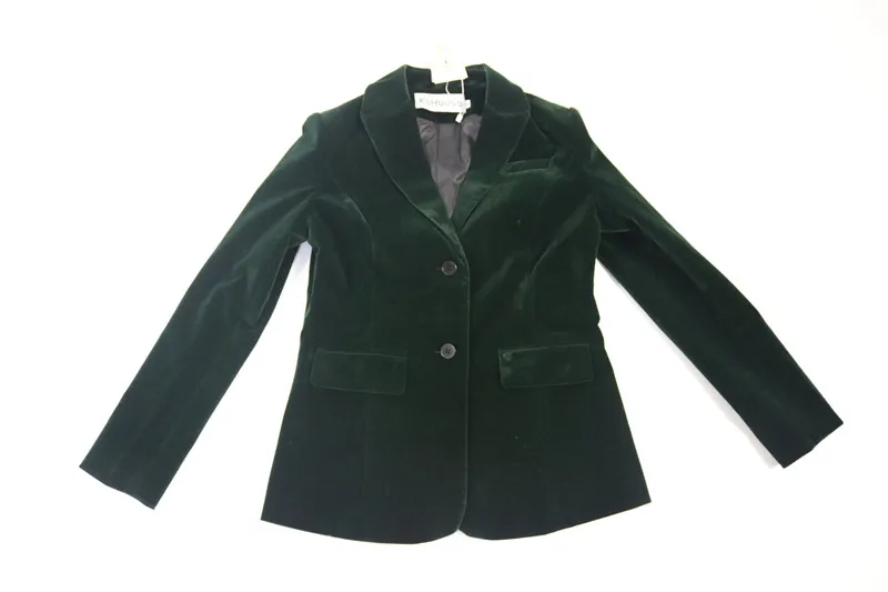 Осень, Модный женский бархатный блейзер, зеленый пиджак с длинным рукавом и карманами, корейский стиль, приталенные женские куртки, повседневные женские офисные пальто