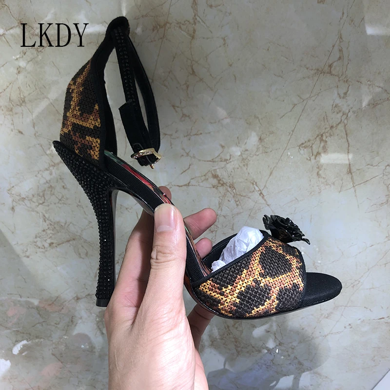 2019 LKDY summer women Luxury Genuine Leather woven metal rose fish mouth leopard high heel crystal diamond buckle sandals