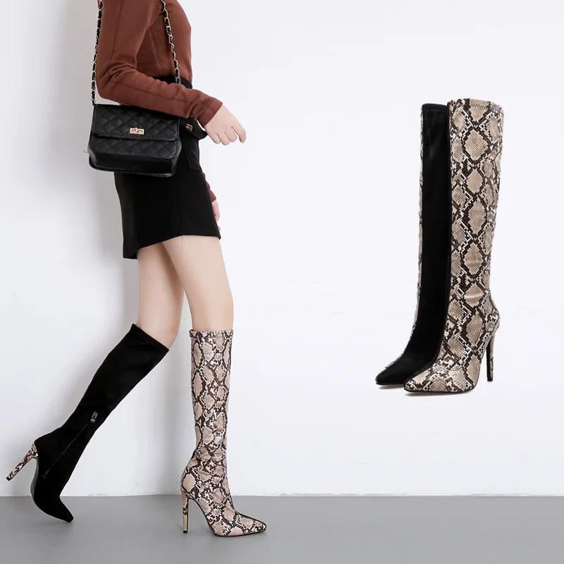 

Patchwork Women Over Knee High Boots Winter Fashion Snake PU High Heels 10.5CM Boots Pointed Toe Warm Boots Woman Model Shoes