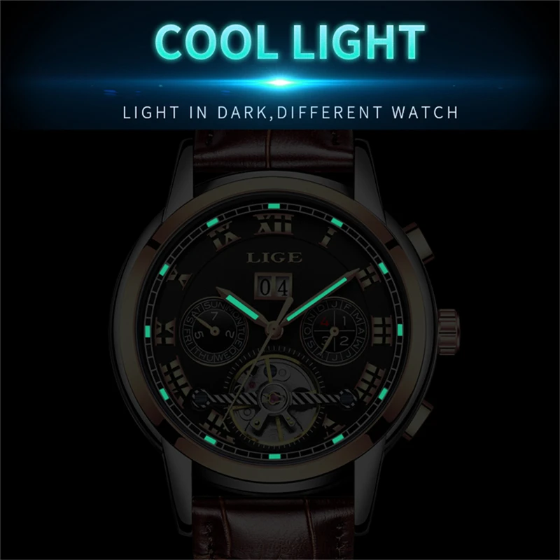 Lige watchbrand Для мужчин часы автоматические механические Наручные кожаный ремешок