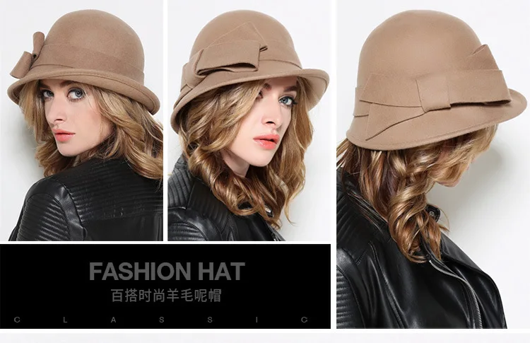 Women Party Formal Headwear Lady Winter Fashion Asymmetric Bowknot 100% Wool Felt Hats straw bucket hat