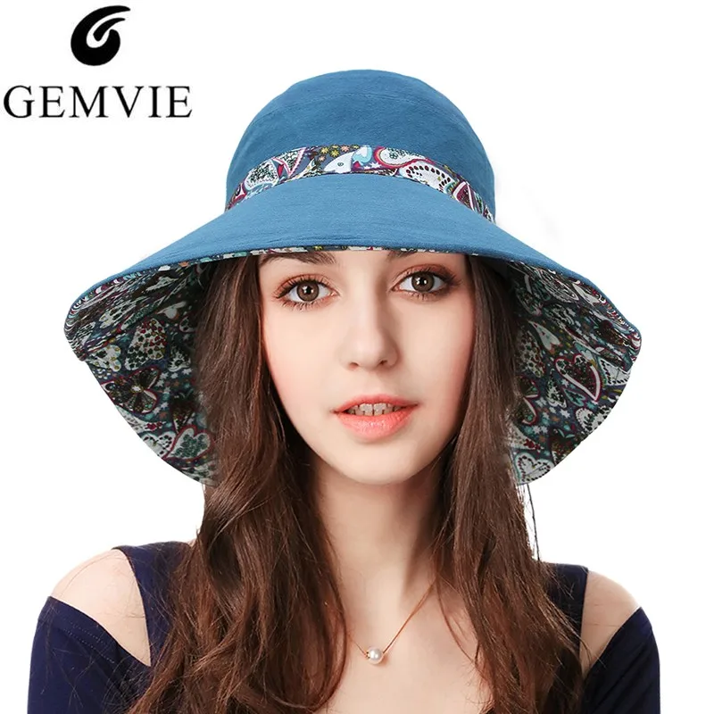 GEMVIE Wide Brim Bucket Hat for Women Summer Sunhat Vintage Print
