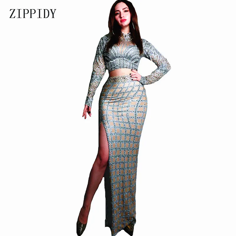 

New design Sparkly Silver Rhinestones Long Skirt Stretch Spandex Dress Singer Dance Celebrate Dress Costume Prom Stone Dress
