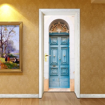 

Hot Sales Creative Door Sticker Wallpaper Blue Iron Gate Wall Stickers DIY Mural Poster PVC Waterproof Bedroom Home Decor