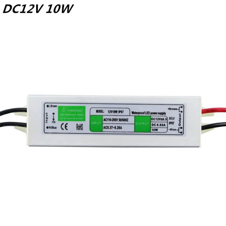 

DC12V 10W IP67Waterproof LED Driver Power Supply Aluminum Alloy Transformer AC110-260 to 12 Volt DC Output
