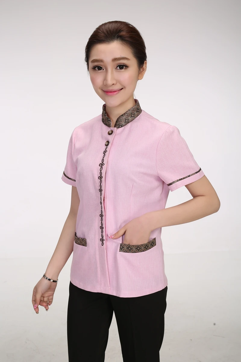 New Summer Cleaning Clean Short-sleeved Work Uniforms Linen Collar Cleaning Waiter Female Cleaning Waiter Traditional Uniforms - Цвет: 2