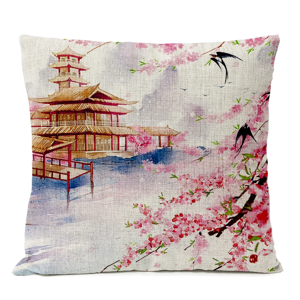 Japanese Fuji Cherry Cushion Cover Home Decorative Pillows Japan Ukiyo-e Wave Pillow Cover Linen Pillow Case Cojines Almofada - Цвет: 12