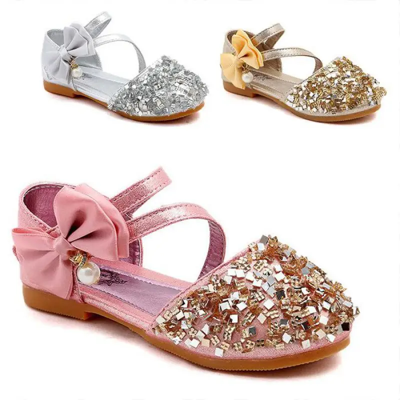 

Summer Children Leather Shoes Casual Girls Princess Flat Heel Party Wedding Shoes Fashion Sequins Bow Kids Shoes Pu Leather 2019