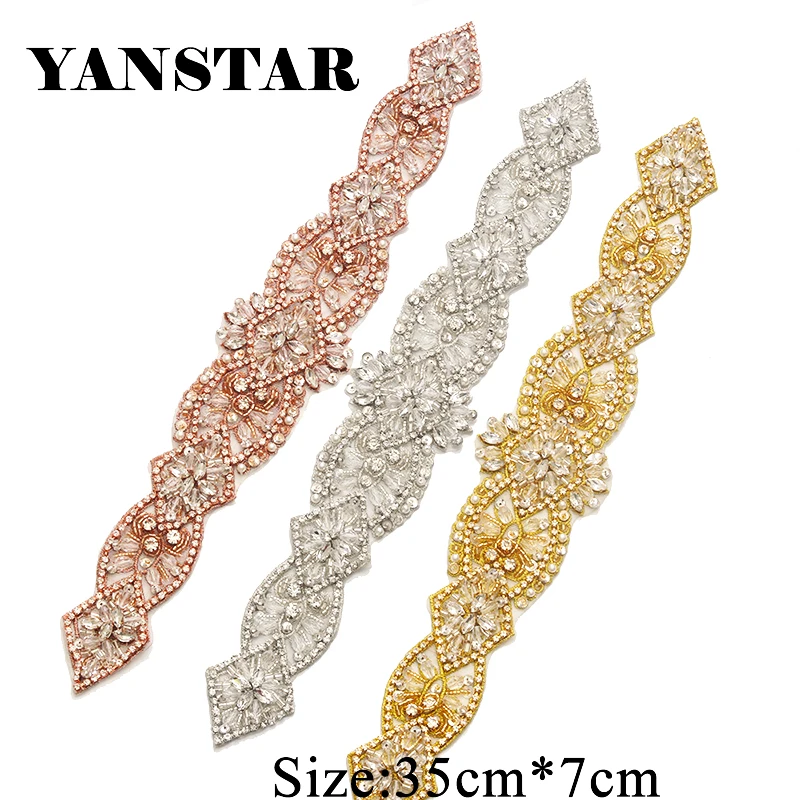 

YANSTAR Hand 1PIECE Rhinestones Appliques Rose Gold Sew On Indian silk With Beaded Sewing for Wedding Party Dresses Belt YS827