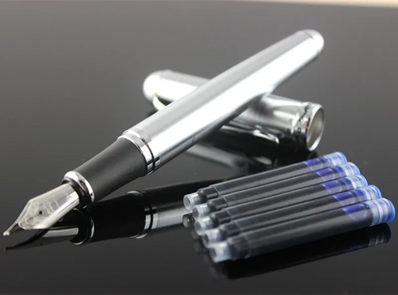 

Jinhao X750 Silver Stainless Steel Business ink pen Medium 18KGP Nib ink blue Refill luxury school Office metal Fountain Pen
