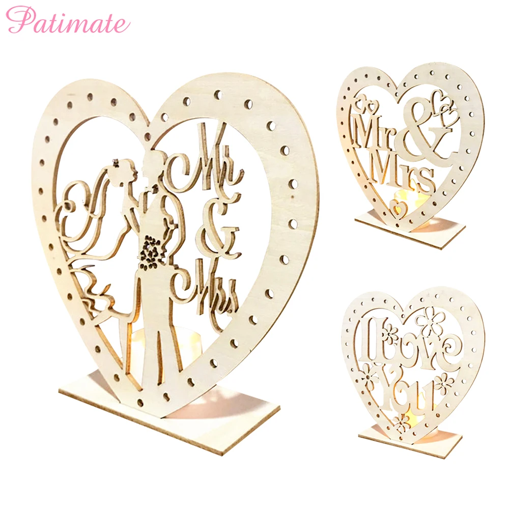 

PATIMATE Retro Carving Wooden MR&MRS Heart-Shape Decoration Romantic LED Light Ornament Home Decor Wedding Pendant Plate