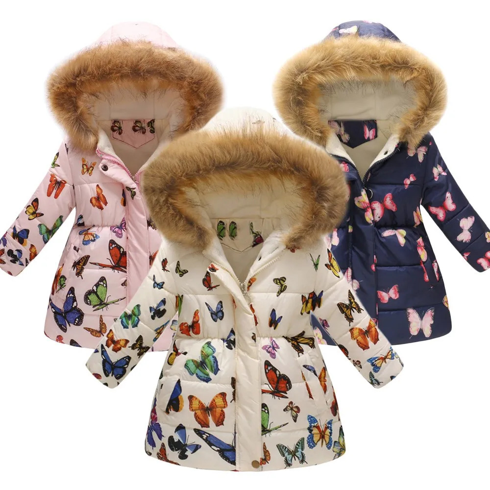 

Toddler Baby Winter Long Coats Winter Butterfly Floral Thick Warm Jacket Hooded Windproof Coat Fashion Kids Cute Coat 2019