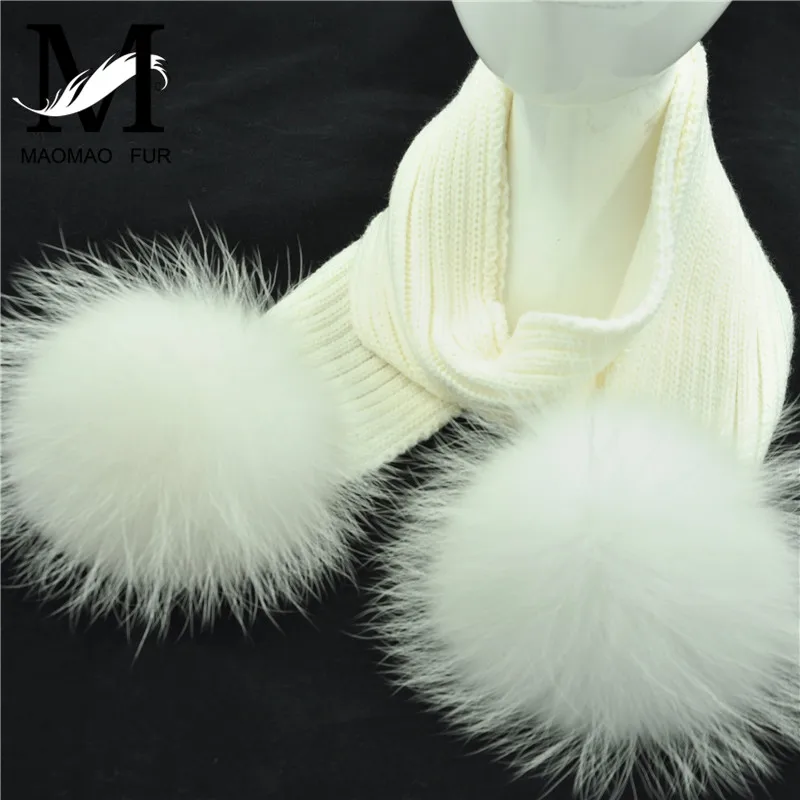 Koop Kind gebreide Wollen Sjaal Winter Kinderen Bont Sjaals Met Afneembare Echte Wasbeer Bont Pom Poms Baby Halswarmer Sjaal