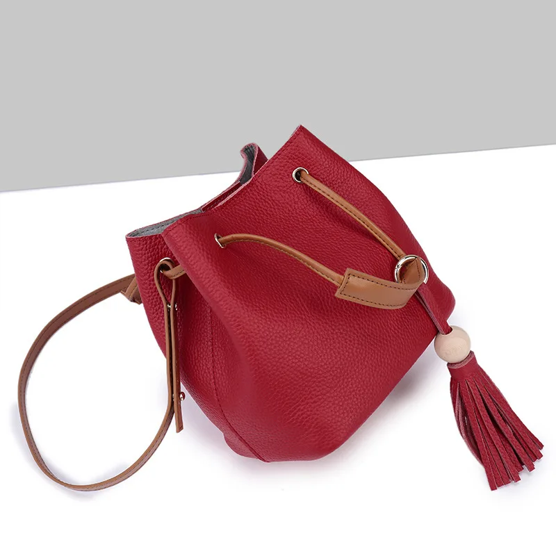 

Famous Brands Women Leather Handbags Top Layer Cowhide Bucket Bags High Quality Genuine Leather Designer Lady Crossbody Handbags