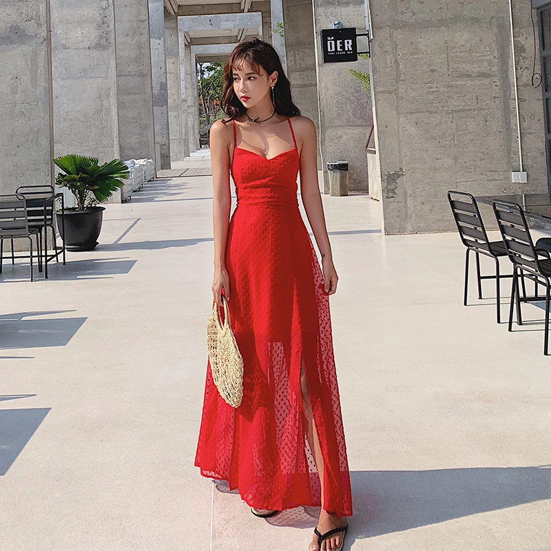

Female Beach Summer Dress Women Sexy V-neck Long Chiffon Dresses Womens Split Red Vestidos