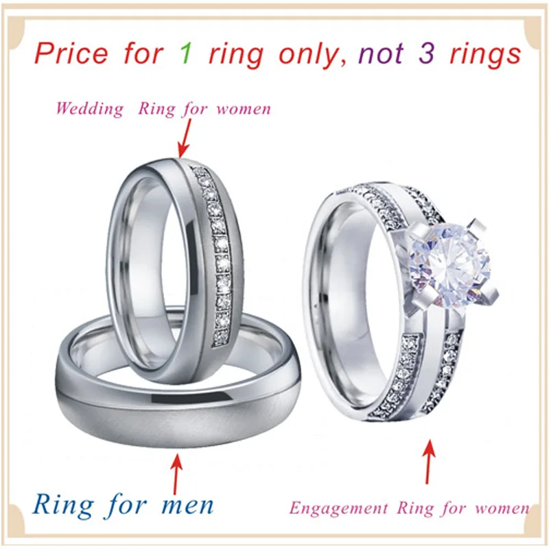 Never Fade Wedding Band Engagement Rings for Women Men 3 Bridal sets Rings Silver White Gold Color Promise Couple Ring (6)